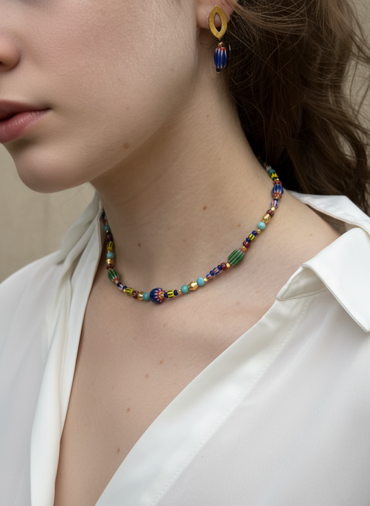 Collier Masaï — Lapis, Turquoise & Perles du Ghana