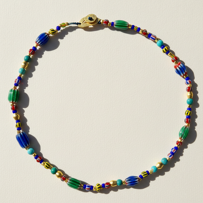 Collier Masaï — Lapis, Turquoise & Perles du Ghana
