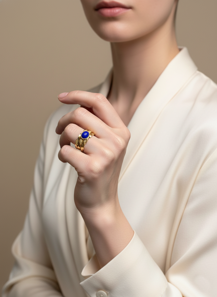 Bague 3 anneaux Lapis Plaqué or portée