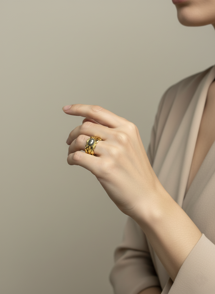 Bague 3 anneaux torsadés et Pyrite portée