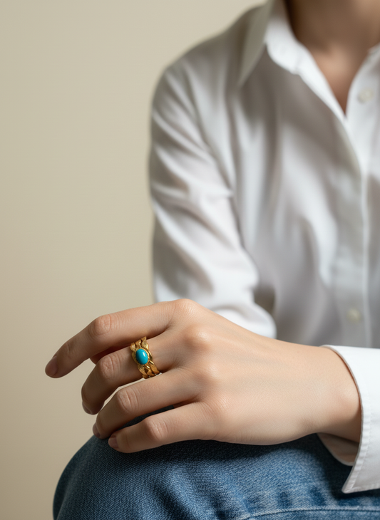 Bague 3 anneaux cabochon Turquoise portée