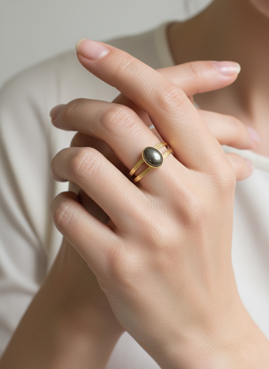Bague Pyrite double anneau plaqué or
