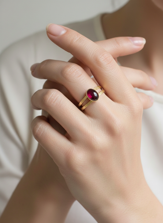 Bague 2 anneaux Duo Grenat plaqué or