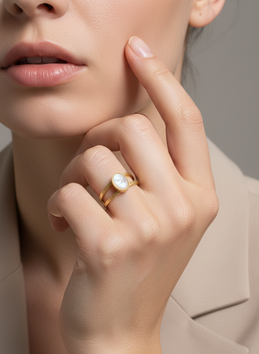 Bague cabochon Nacre plaqué or portées