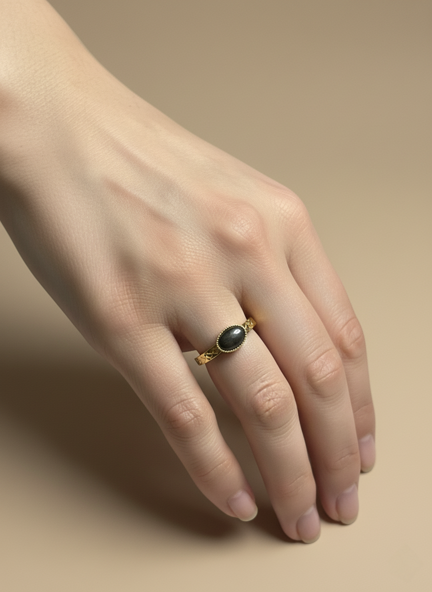 Bague cabochon Pyrite anneau strié