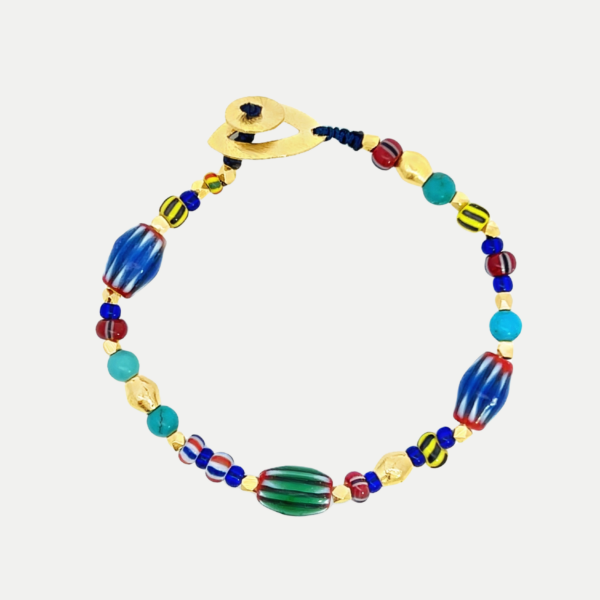 Bracelet Masaï Multicolore, Verre, Turquoise et Or