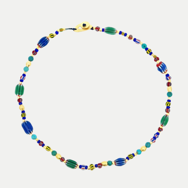 Collier Masaï Multicolore, Verre, Turquoise et Or